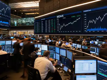 Fuchs SE (Vz.) DE0005790430 Börsen-Editorial Frankfurt Trading-Floor mit MDAX-Anzeige Chemiesektor Kursdiagrammen und Händlern - Foto: THN