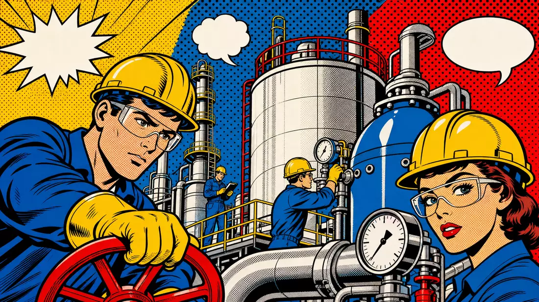 Pop-Art-Comic Chemieanlagenarbeiter Halbton Primärfarben für Fuchs SE (Vz.) DE0005790430