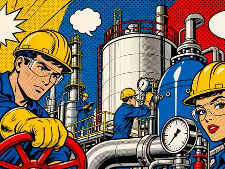 Fuchs SE (Vz.) DE0005790430 Pop-Art-Comic stilisierte Chemieanlage Arbeiter in Primärfarben Halbton Roy-Lichtenstein-Stil - Foto: THN