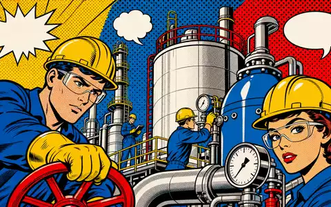 Fuchs SE (Vz.) DE0005790430 Pop-Art-Comic stilisierte Chemieanlage Arbeiter in Primärfarben Halbton Roy-Lichtenstein-Stil - Foto: THN