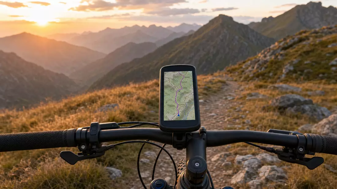 GPS-Gerät am Fahrradlenker vor alpiner Berglandschaft bei Sonnenuntergang ohne Markenzeichen