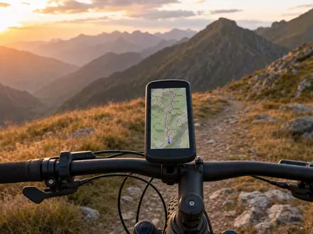 Garmin Ltd. GPS-Navigationsgerät am Fahrradlenker auf alpinem Bergpfad bei Sonnenuntergang ISIN CH0114405324 - Foto: THN