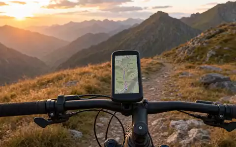 Garmin Ltd. GPS-Navigationsgerät am Fahrradlenker auf alpinem Bergpfad bei Sonnenuntergang ISIN CH0114405324 - Foto: THN