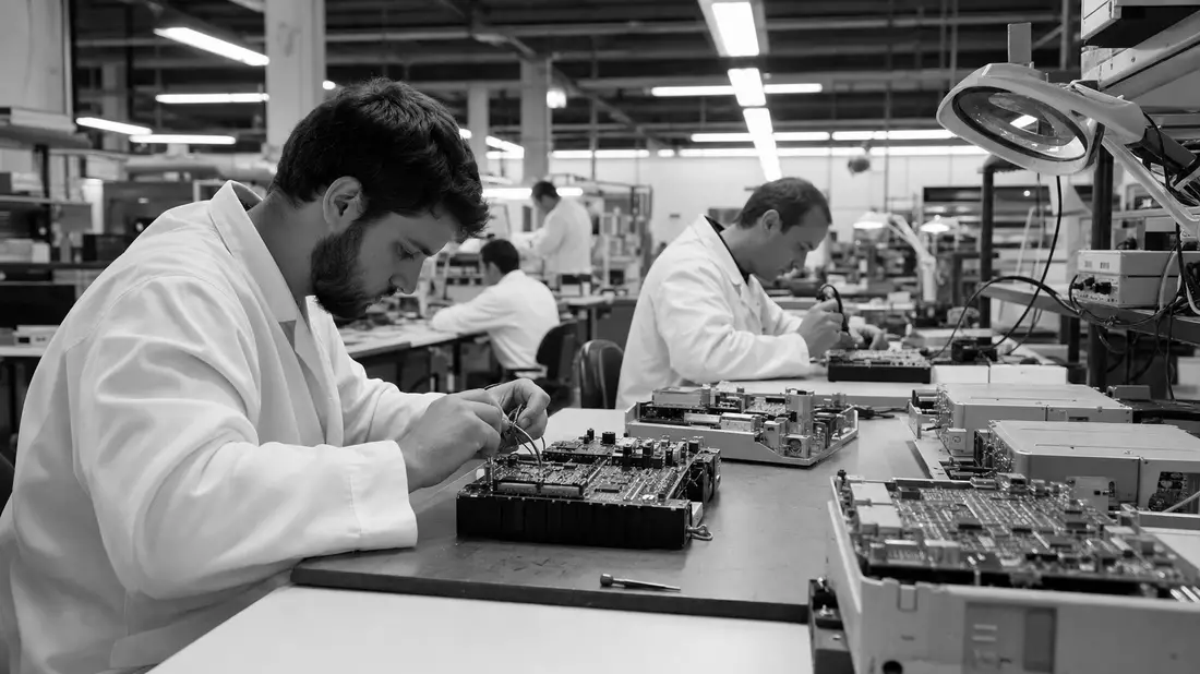 Schwarzweiß-Dokumentarfoto von Technikern bei der Elektronikfertigung im Industrielabor