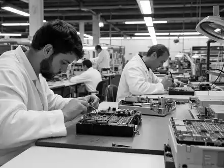 Garmin Ltd. Elektronikfertigung Schwarzweiß-Reportage Techniker bei Leiterplattenbestückung in der Produktion Schweiz CH0114405324 - Foto: THN