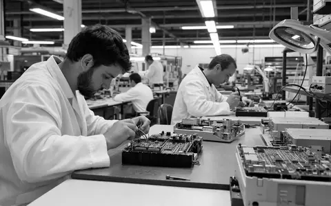 Garmin Ltd. Elektronikfertigung Schwarzweiß-Reportage Techniker bei Leiterplattenbestückung in der Produktion Schweiz CH0114405324 - Foto: THN