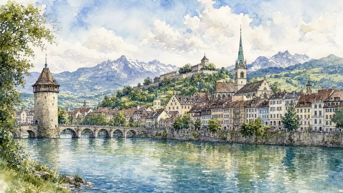 Aquarellbild der Schweizer Rheinstadt mit historischer Altstadt und verschneiten Alpen im Hintergrund