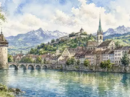 Garmin Ltd. Schweizer Stadtlandschaft Schaffhausen am Rhein aquarelliert Börsensitz Schweiz ISIN CH0114405324 - Foto: THN