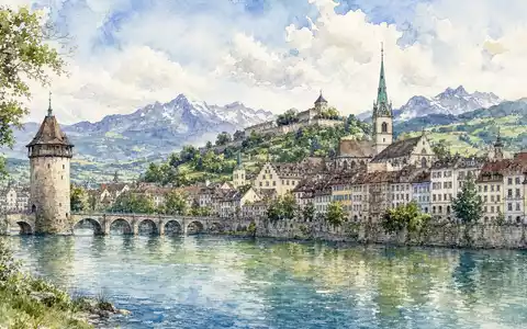 Garmin Ltd. Schweizer Stadtlandschaft Schaffhausen am Rhein aquarelliert Börsensitz Schweiz ISIN CH0114405324 - Foto: THN