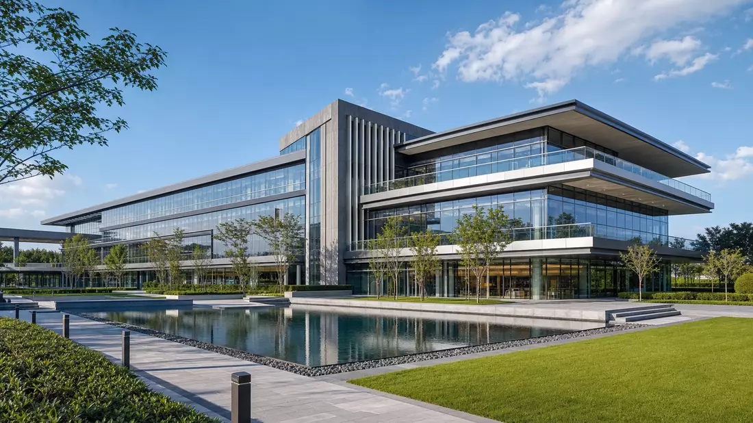 Photorealistischer Architekturrender eines modernen Technologiekonzern-Hauptsitzes aus Glas und Stahl