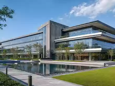 Garmin Ltd. modernes Glas-Stahl-Firmengebäude Architekturrender Technologie-Unternehmenshauptsitz mit Spiegelteich und Grünanlagen ISIN CH0114405324 - Foto: THN