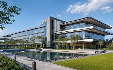 Garmin Ltd. modernes Glas-Stahl-Firmengebäude Architekturrender Technologie-Unternehmenshauptsitz mit Spiegelteich und Grünanlagen ISIN CH0114405324 - Foto: THN