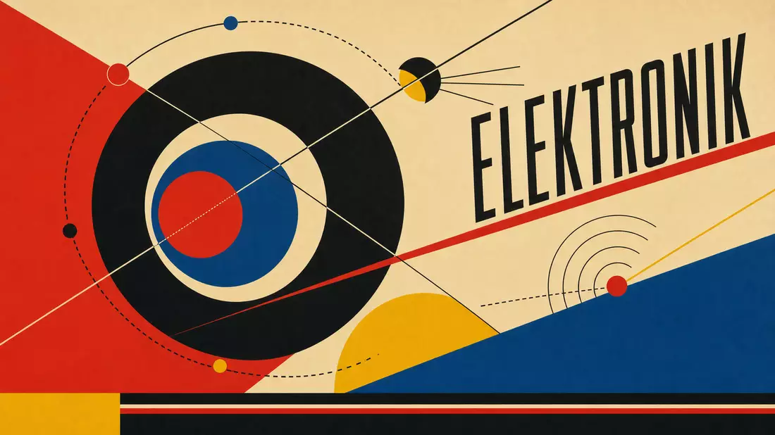Bauhaus-Konstruktivismus-Poster mit Satellitenkreisen, ELEKTRONIK-Text und Primärfarben Rot Blau Gelb