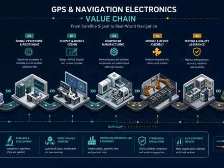 Garmin Ltd. isometrisches 3D-Wertschöpfungsdiagramm GPS-Navigations-Elektronik Satellitensignal bis zum Endgerät Produktionsprozess ISIN CH0114405324 - Foto: THN