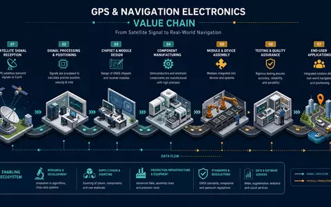 Garmin Ltd. isometrisches 3D-Wertschöpfungsdiagramm GPS-Navigations-Elektronik Satellitensignal bis zum Endgerät Produktionsprozess ISIN CH0114405324 - Foto: THN