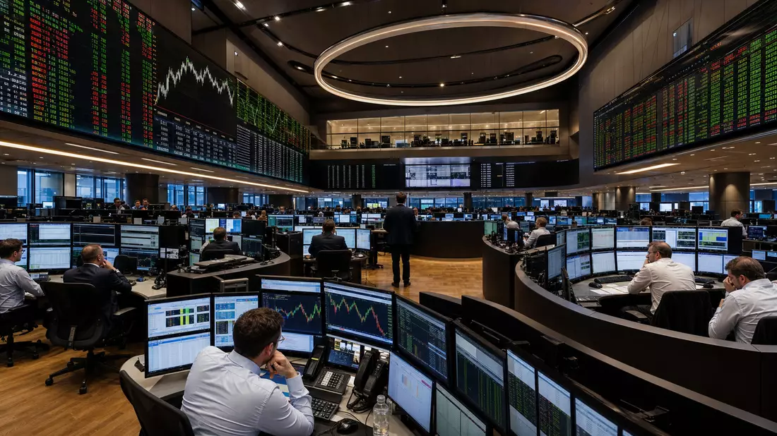 SIX-Swiss-Exchange-Handelssaal Zürich mit Händlern, Kurstafel und SMI-Elektroniksektor-Daten