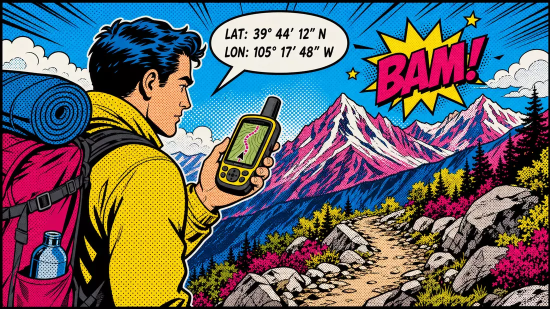 Pop-Art-Comic-Szene Bergwanderer mit GPS-Gerät in Lichtenstein-Stil mit bunten Halbtonpunkten