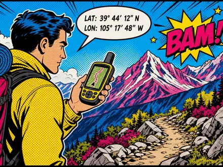 Garmin Ltd. Pop-Art-Comic Bergwanderer mit GPS-Gerät bunte Halbton-Punkte Abenteuer-Navigation Berge ISIN CH0114405324 - Foto: THN