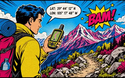 Garmin Ltd. Pop-Art-Comic Bergwanderer mit GPS-Gerät bunte Halbton-Punkte Abenteuer-Navigation Berge ISIN CH0114405324 - Foto: THN