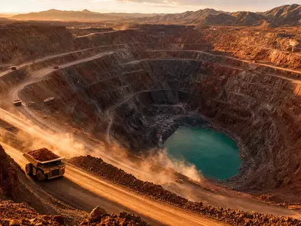 Freeport-McMoRan US35671D8570 – riesiger Tagebau mit Abbaufahrzeugen und türkisem Mineralwasserbecken bei Abendlicht - Foto: THN