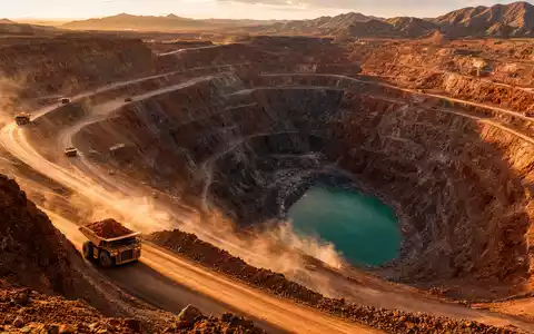 Freeport-McMoRan US35671D8570 – riesiger Tagebau mit Abbaufahrzeugen und türkisem Mineralwasserbecken bei Abendlicht - Foto: THN