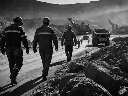 Freeport-McMoRan US35671D8570 – Bergarbeiter in Schutzausrüstung gehen auf staubiger Grubenstraße, dokumentarische Schwarzweiß-Reportage aus dem Bergbau - Foto: THN
