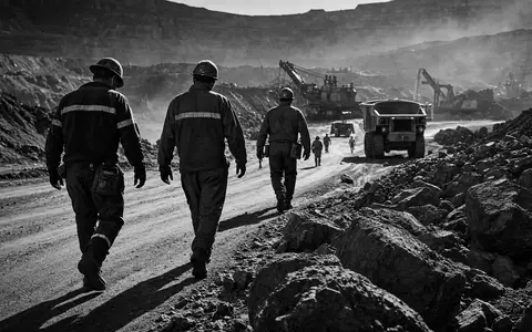 Freeport-McMoRan US35671D8570 – Bergarbeiter in Schutzausrüstung gehen auf staubiger Grubenstraße, dokumentarische Schwarzweiß-Reportage aus dem Bergbau - Foto: THN