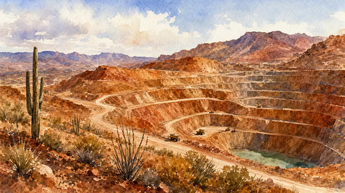 Aquarell einer Kupfermine in der Wüste Arizonas mit Saguaro-Kakteen und terrassiertem Fels
