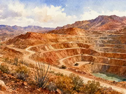 Freeport-McMoRan US35671D8570 – Aquarellmalerei einer Wüstenmine in Arizona mit Kakteen und terrassierten Felshängen - Foto: THN