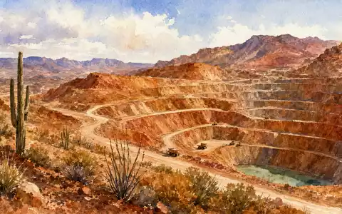 Freeport-McMoRan US35671D8570 – Aquarellmalerei einer Wüstenmine in Arizona mit Kakteen und terrassierten Felshängen - Foto: THN