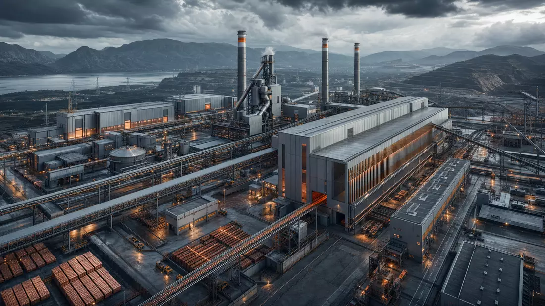 Architektonisches CGI-Render einer modernen Kupferschmelze mit Industriehallen und Schornsteinen