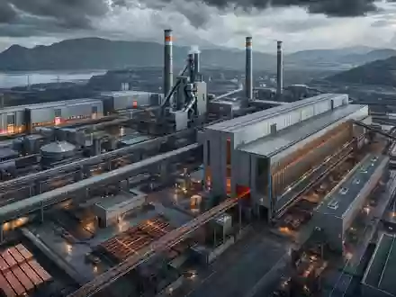 Freeport-McMoRan US35671D8570 – CGI-Render einer modernen Kupferschmelzanlage mit Industrieschornsteinen, Förderbändern und dramatischem Himmel - Foto: THN