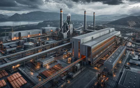Freeport-McMoRan US35671D8570 – CGI-Render einer modernen Kupferschmelzanlage mit Industrieschornsteinen, Förderbändern und dramatischem Himmel - Foto: THN