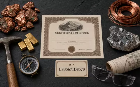 Freeport-McMoRan US35671D8570 – Flatlay mit Aktienzertifikat, Kupfererzen, Geologenhammer und ISIN-Karte auf Schiefer - Foto: THN