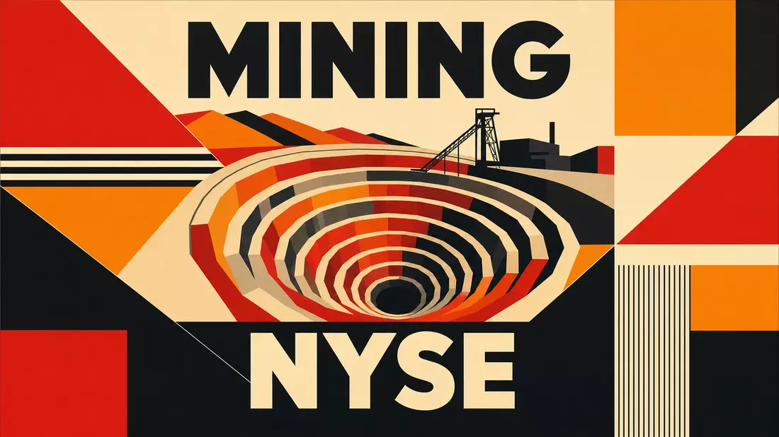 Bauhaus-Grafikposter mit geometrischem Tagebauquerschnitt, Schriftzug MINING und NYSE in Primärfarben