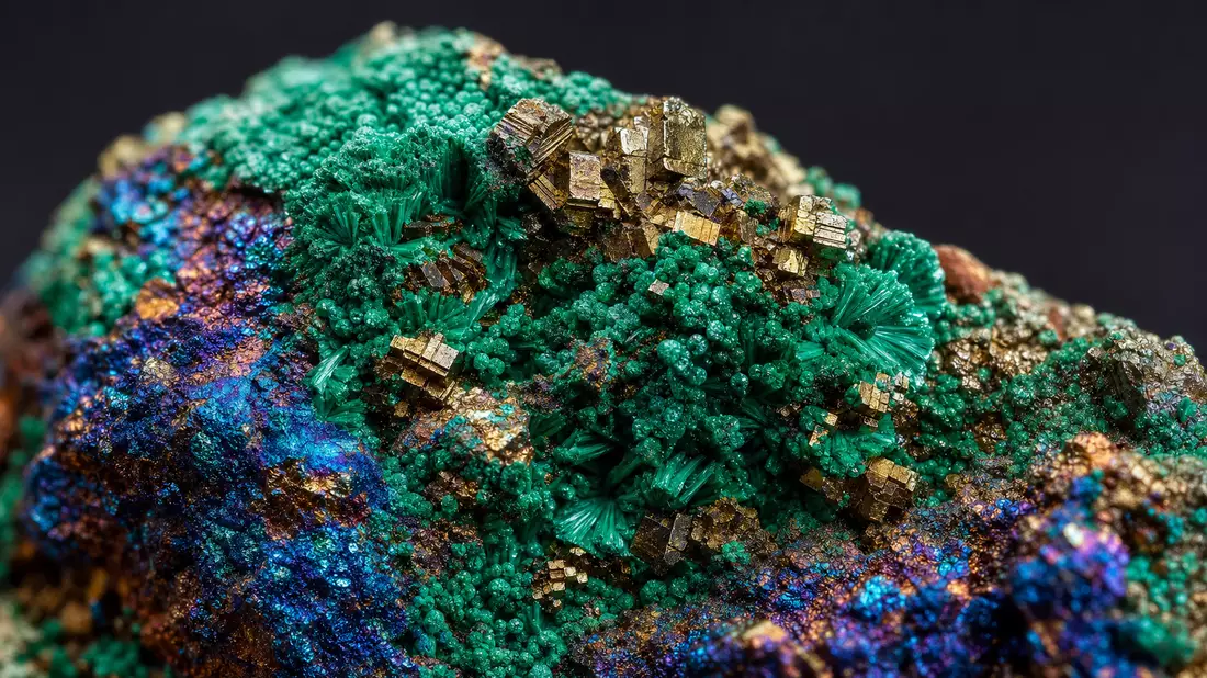 Extreme Makroaufnahme eines Kupfererz-Minerals mit grünen Malachit- und goldenen Chalkopyrit-Kristallen