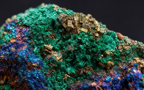 Freeport-McMoRan US35671D8570 – extreme Makroaufnahme von irisierendem Malachit-Chalkopyrit-Erz mit glänzenden Kupferkristallen auf schwarzem Grund - Foto: THN