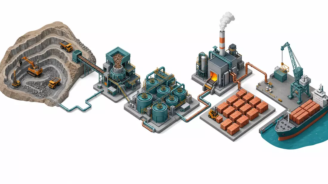 Isometrisches 3D-Diagramm der Kupferwertschöpfungskette: Grube, Schmelze, Kathodenyard und Hafen