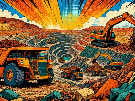Freeport-McMoRan US35671D8570 – Pop-Art-Comicszene mit übergroßen Muldenkippern und Baggern im bunten Tagebau - Foto: THN