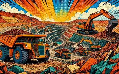 Freeport-McMoRan US35671D8570 – Pop-Art-Comicszene mit übergroßen Muldenkippern und Baggern im bunten Tagebau - Foto: THN