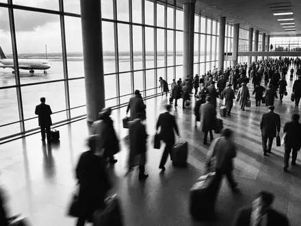 Fraport AG zeigt auf DE0005773303 eine dokumentarische Reiseszene im belebten Flughafenterminal in SchwarzweiĂ - Foto: THN