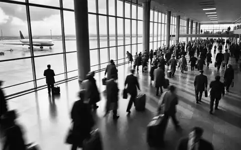 Fraport AG zeigt auf DE0005773303 eine dokumentarische Reiseszene im belebten Flughafenterminal in Schwarzweiß - Foto: THN