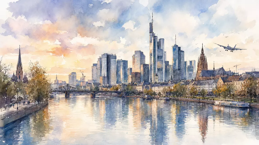 Aquarellmalerei der Frankfurter Skyline am Main mit landendem Flugzeug im warmen Abendhimmel