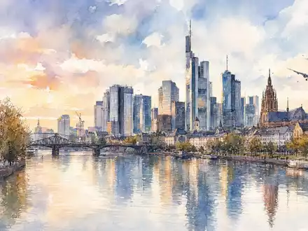 Fraport AG Frankfurt DE0005773303 als Aquarellmalerei der Skyline am Main mit Flugzeug bei Abenddämmerung - Foto: THN