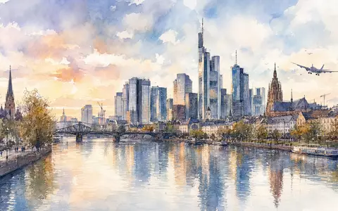 Fraport AG Frankfurt DE0005773303 als Aquarellmalerei der Skyline am Main mit Flugzeug bei Abenddämmerung - Foto: THN
