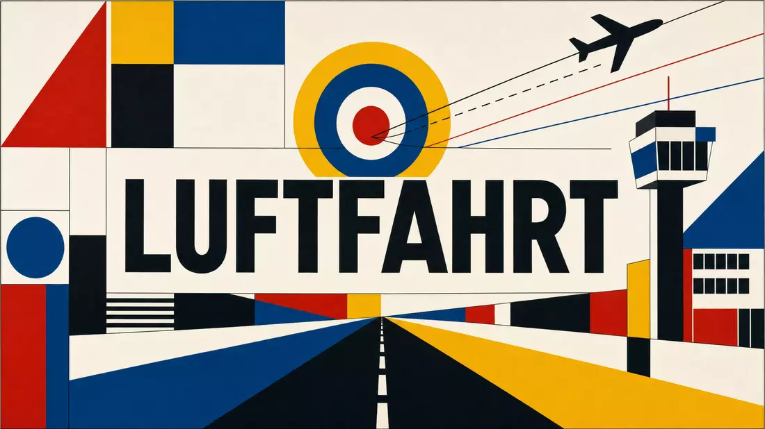 Bauhaus-Poster mit LUFTFAHRT-Schriftzug, geometrischen Formen und Flugzeugsilhouette in Primärfarben