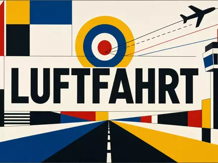 Fraport AG Luftfahrtsektor DE0005773303 im Bauhaus-Poster mit geometrischen Formen und LUFTFAHRT Schriftzug in Primärfarben - Foto: THN