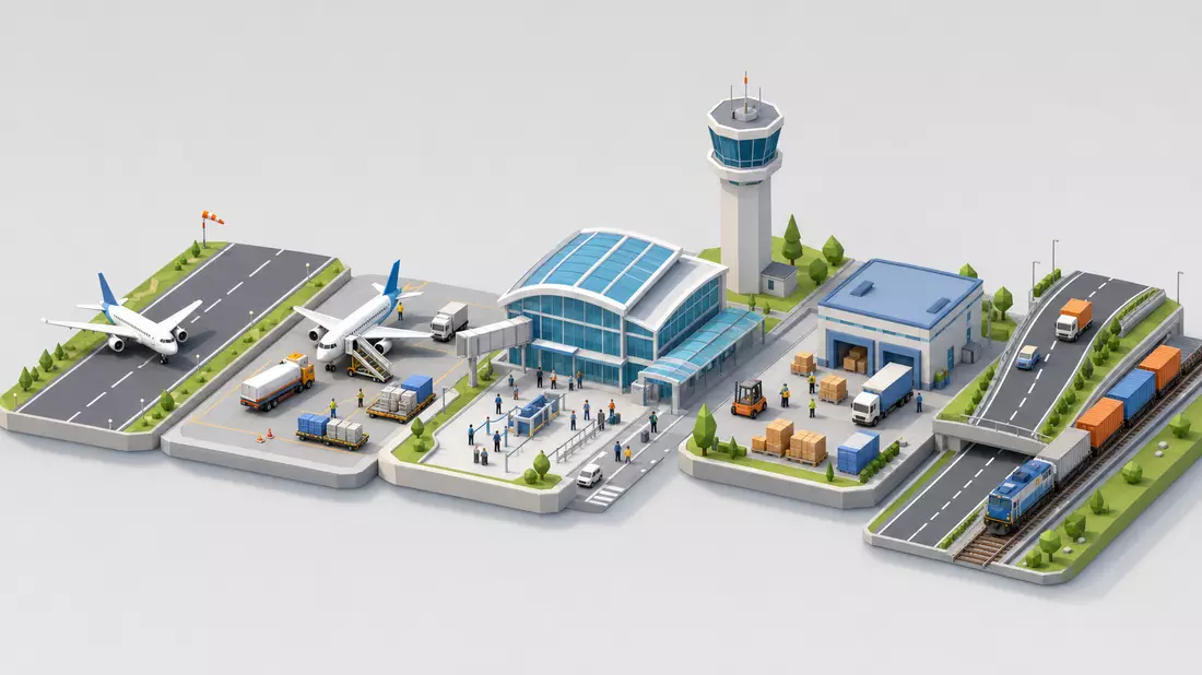 Isometrische 3D-Illustration der Flughafenwertschöpfungskette mit Terminal, Tower und Logistikzentrum