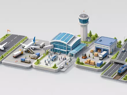 Fraport AG Wertschöpfungskette DE0005773303 als isometrisches 3D-Modell mit Terminal Tower und Logistikzentrum im Überblick - Foto: THN