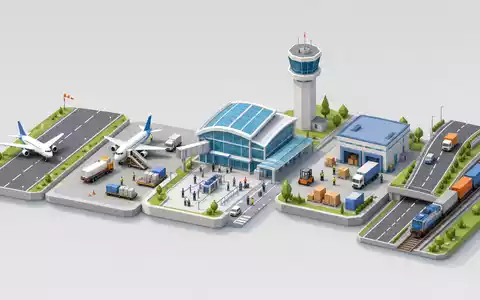 Fraport AG Wertschöpfungskette DE0005773303 als isometrisches 3D-Modell mit Terminal Tower und Logistikzentrum im Überblick - Foto: THN